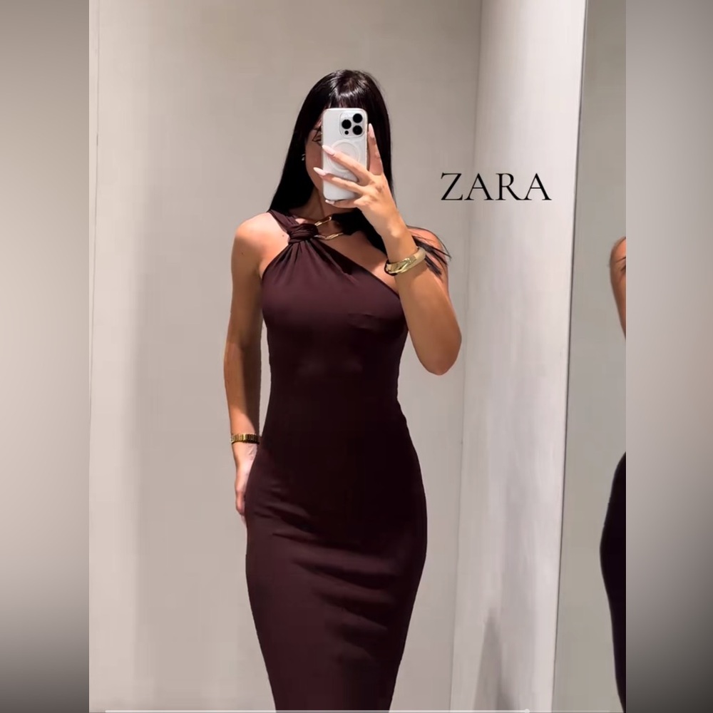 Elegant Brown Knotted Midi Dress w/ Gold Appliqué
